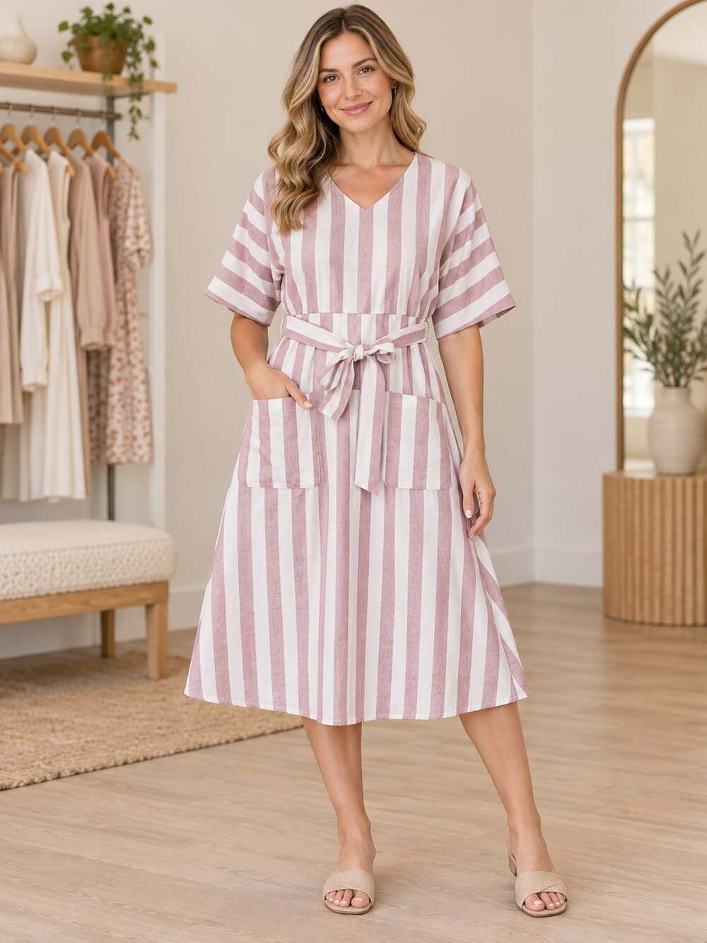 Roolee Striped Midi Dress Pink Cream Tie Waist Pockets V Neck Size S